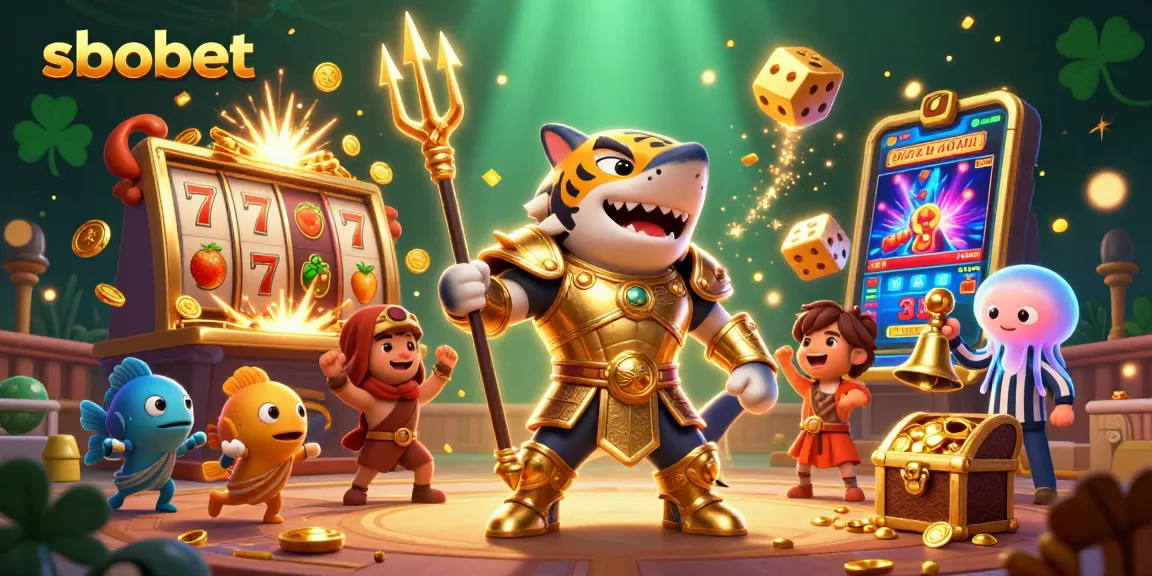 SBOBET engages sports bettors with a vibrant underwater scene featuring a golden tiger shark and dynamic slot game elements.