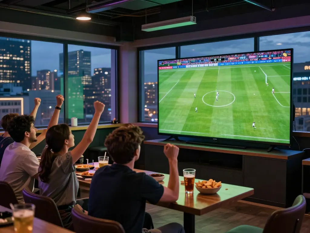 Cakhiatvvn.jpn.com live streaming football event atmosphere in a bustling sports bar.