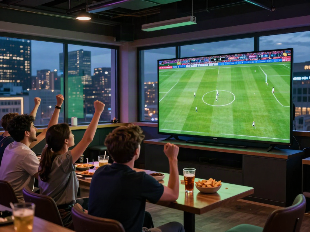 Cakhiatvvn.jpn.com live streaming football event atmosphere in a bustling sports bar.