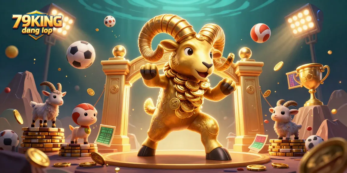 79KING đăng nhập scene with a golden ram charging through casino elements, emphasizing exciting online gambling.