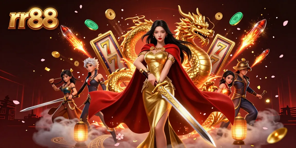 Engage in exciting gameplay at rr88 with a vibrant illustration showcasing a warrior queen and slot game elements.