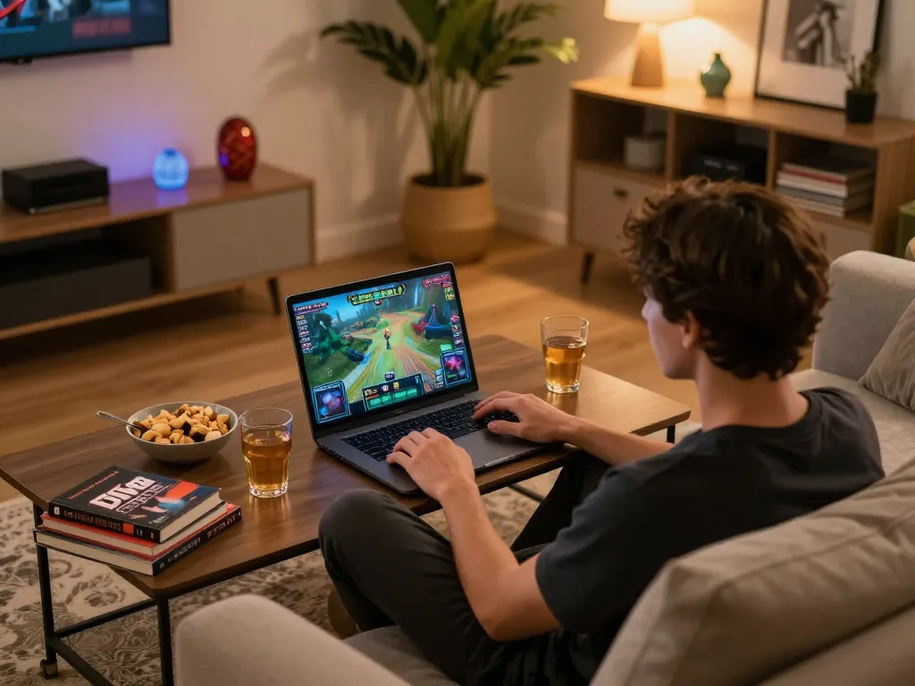 Player enjoying a thrilling session of DW8 on a cozy couch, illustrating strategic gaming and comfort.
