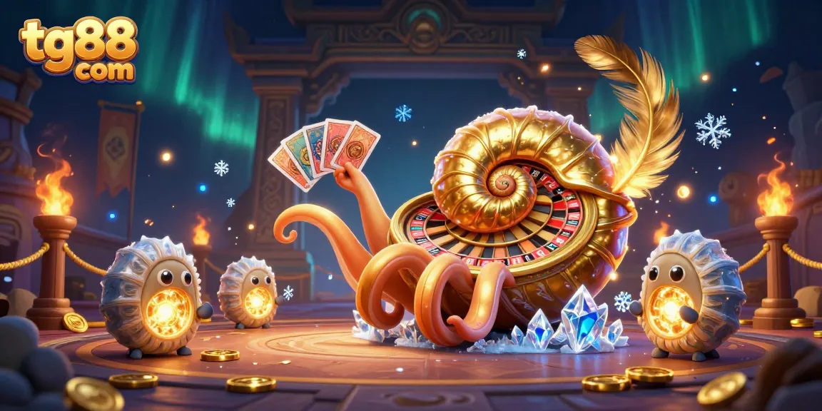 Experience the thrill of tg88 com with a vibrant casino scene featuring a giant nautilus roulette wheel and glowing ammonites.