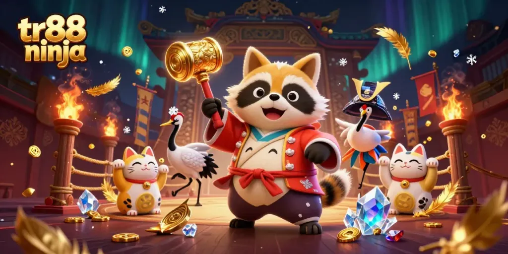 Experience excitement in tr88 ninja with a cheerful tanuki and fortune cats in a vibrant casino setting.