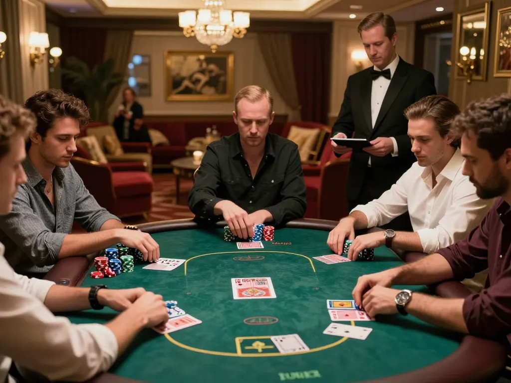 lu88vip poker players engaged in high-stakes game with chips at a luxurious table