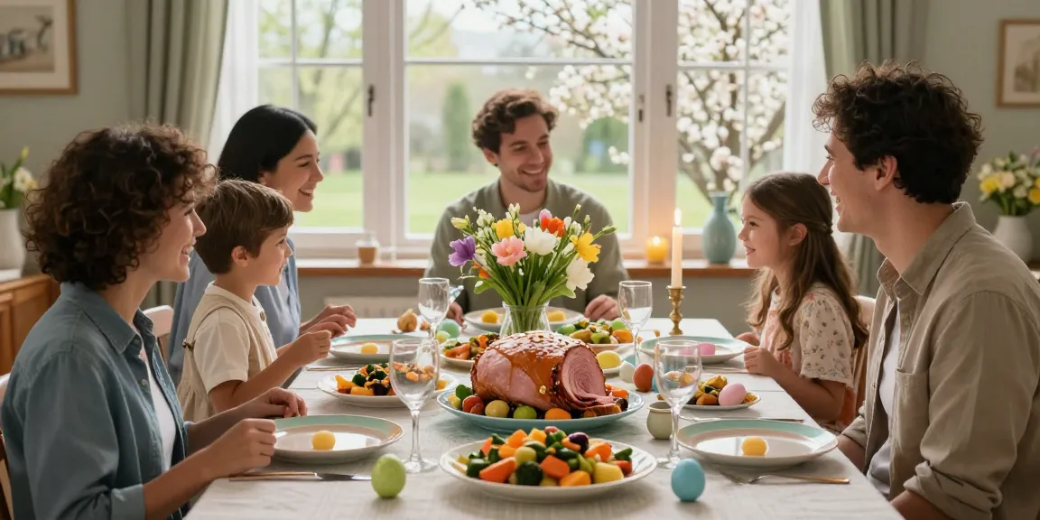 Påskmiddag med familj vid ett festligt dukat bord fyllt av vårblommor och traditionell påskmat.