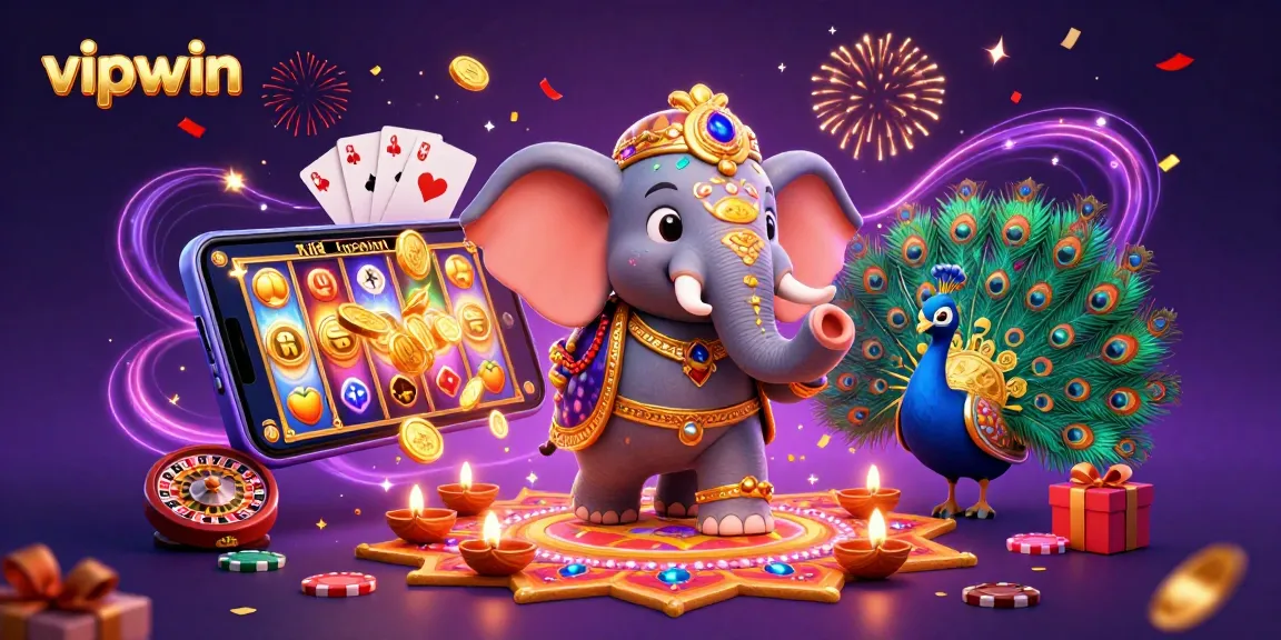 Engage with vipwin by playing vibrant slot games alongside a festive 3D elephant and peacock.