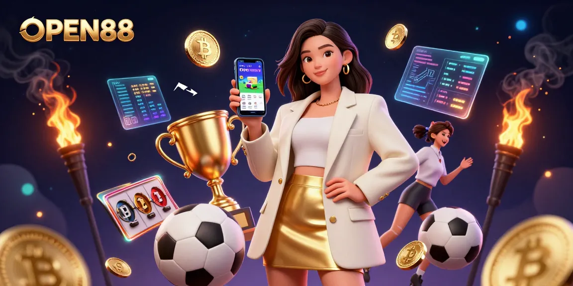 Engage with OPEN88's exciting betting offers showcased by a stylish woman holding a sports app.