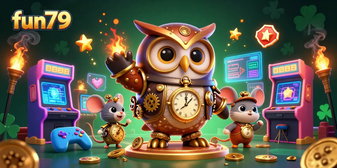 Experience the excitement of fun79 with a steampunk owl and vibrant casino elements in an engaging 3D scene.