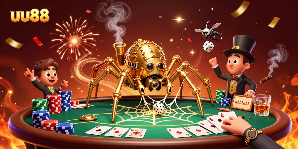 Experience the thrill of uu88 casino with a steampunk spider ensnaring dice in a vibrant gaming scene.