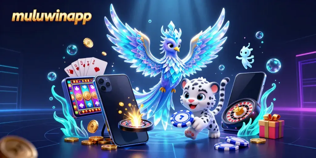 Engage with muluwinapp's dynamic gaming landscape featuring ice phoenix, playful snow leopard, and jumping coins.