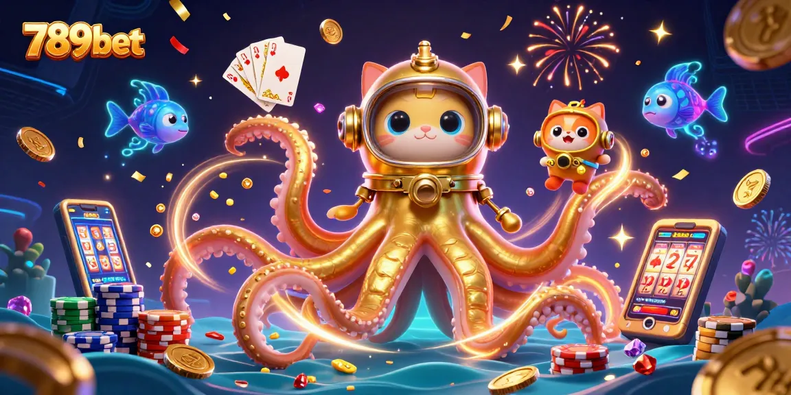 Engage in the thrilling world of 789bet with a vibrant kraken and diving cat in a festive casino scene.
