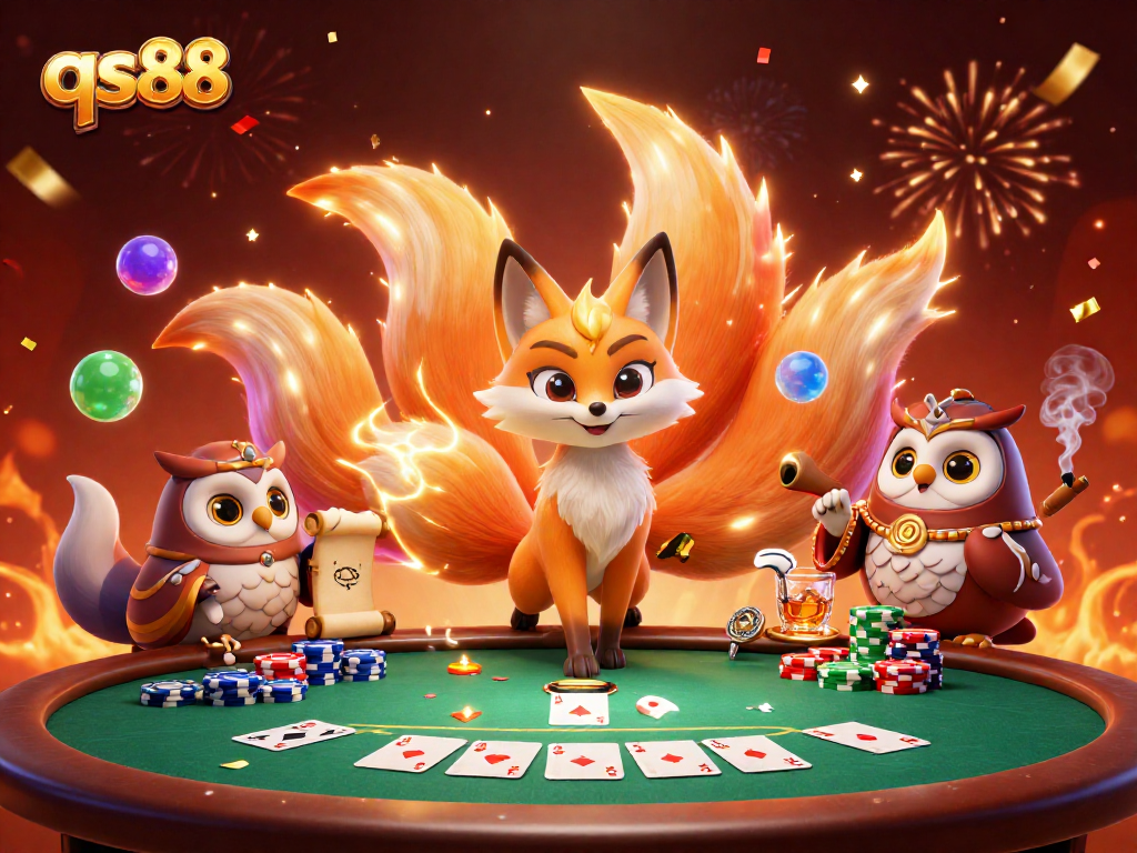 Experience the excitement of qs88 with a vibrant 3D fox spirit and poker elements in a lively casino scene.