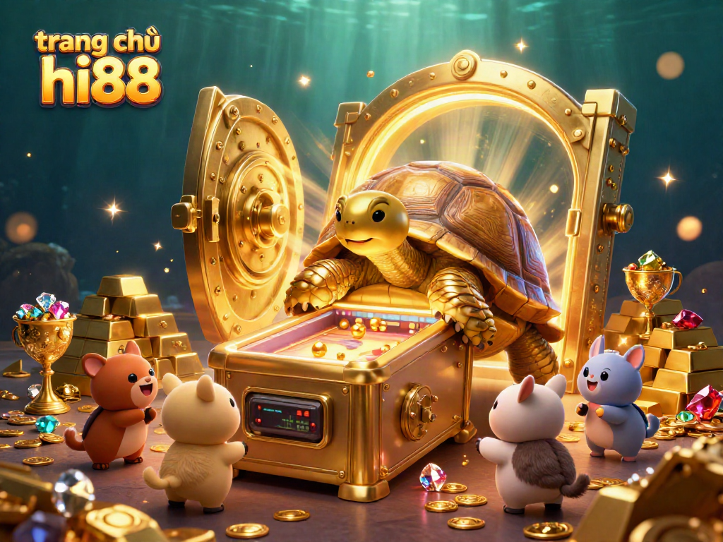 Engage with the vibrant world of trang chủ hi88, showcasing a lively 3D casino scene with a golden tortoise pinball machine and treasures.
