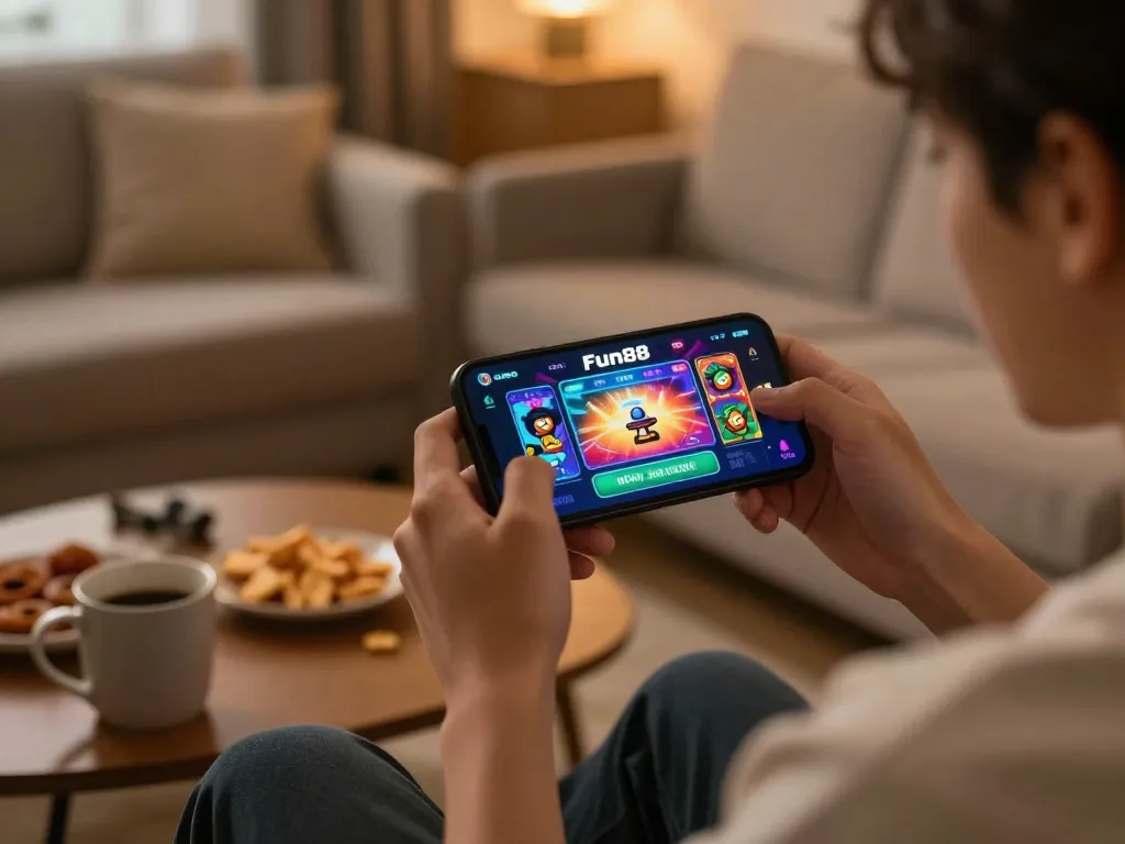 Engaged player enjoying Fun88 casino app on smartphone in cozy home setting.