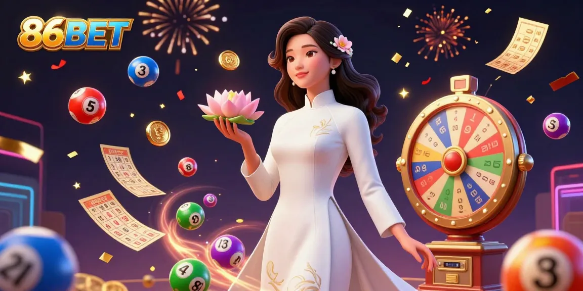 Experience the excitement of 86BET with dynamic lottery elements and a stunning Asian character celebrating wins.