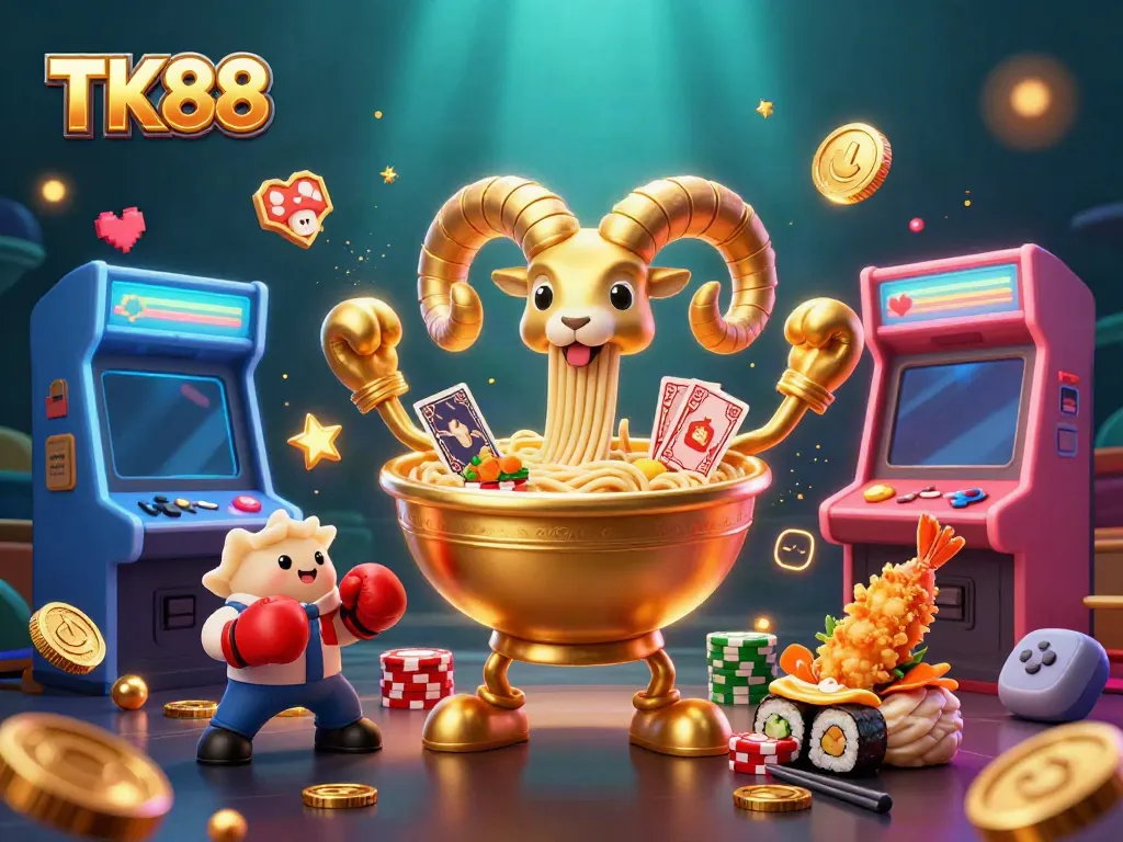 Experience the excitement of TK88 with a vibrant casino-themed scene featuring a golden ramen bowl character and playful game elements.