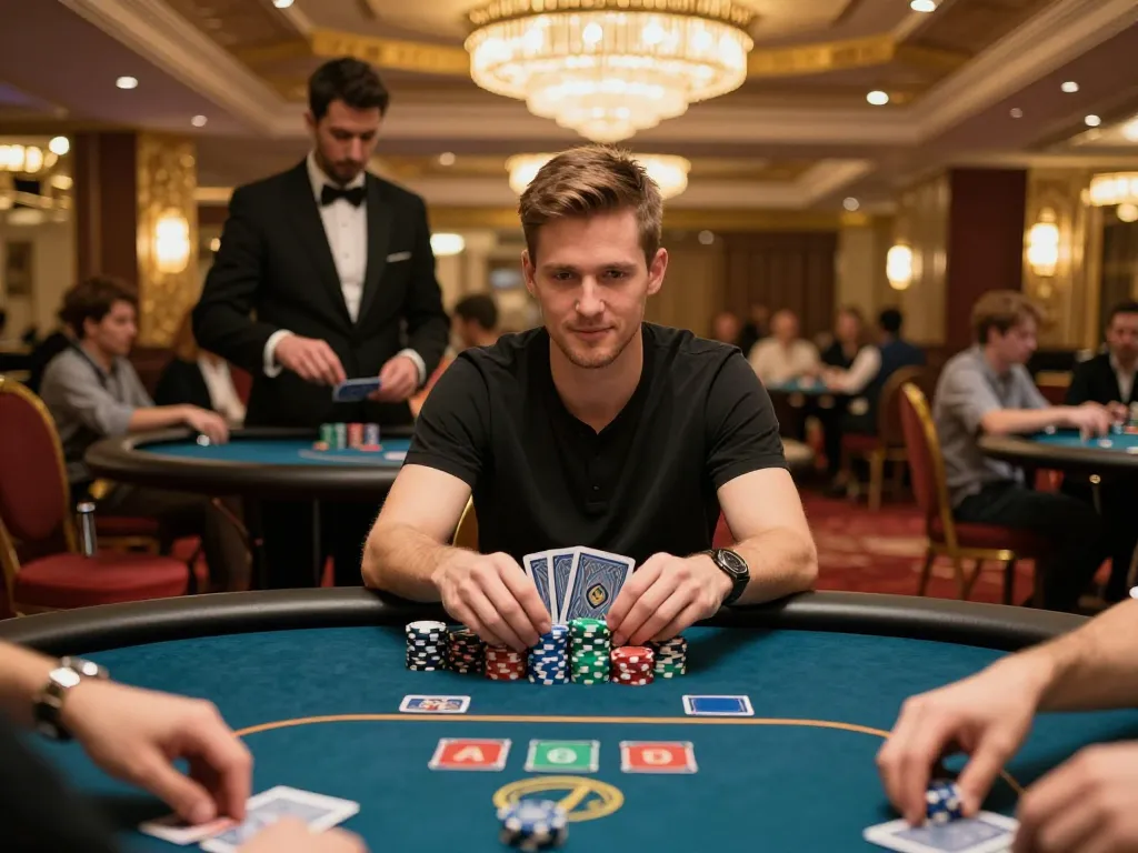 sp8bet player strategizing in a luxurious poker atmosphere, showcasing excitement and skill