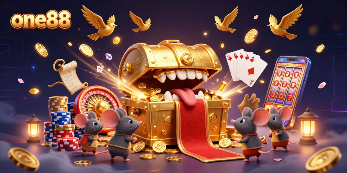 Experience the thrill of winning at one88's casino with an enchanting treasure chest illustration.