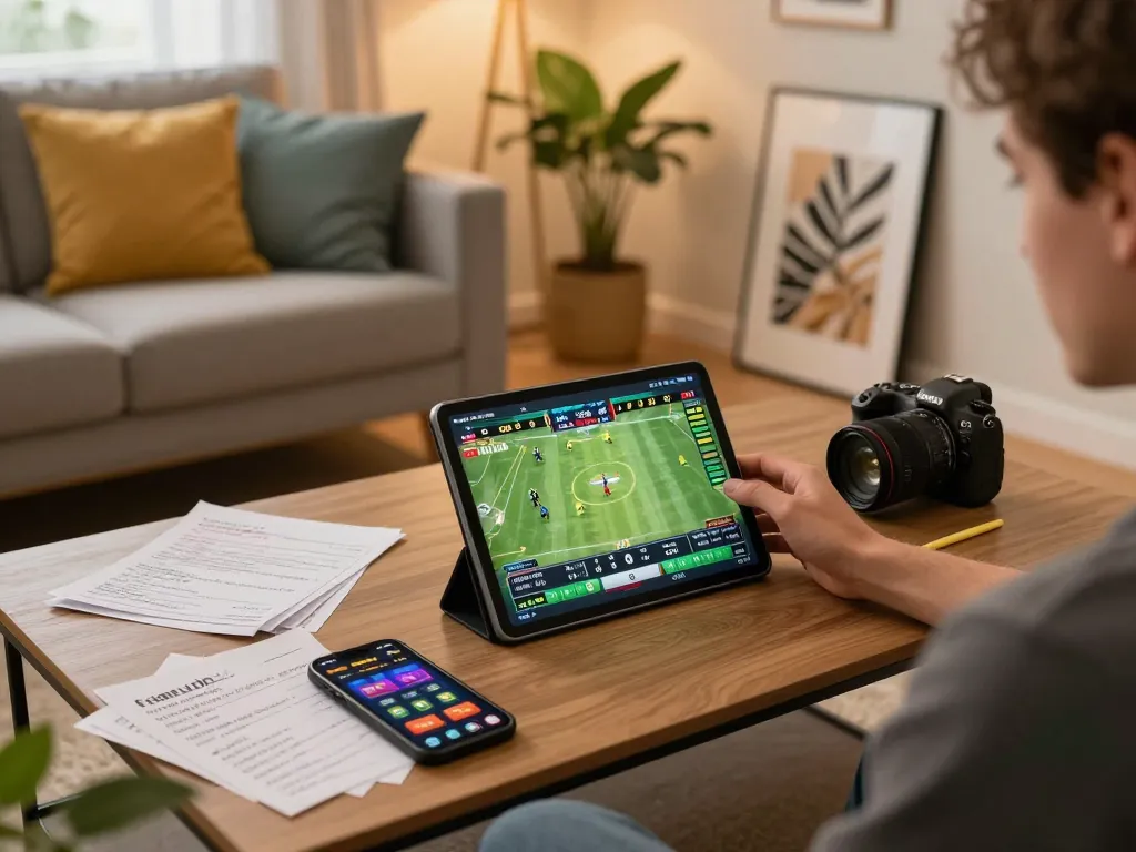 Player engaging in live sports betting on PHPVIP tablet app in a cozy home setting.