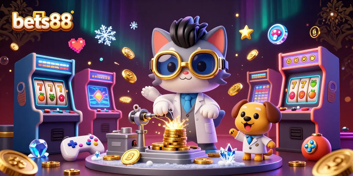 Bets88 brings excitement with a lively scene of a mad scientist cat and loyal dog creating a gold-replication machine among slot game elements.