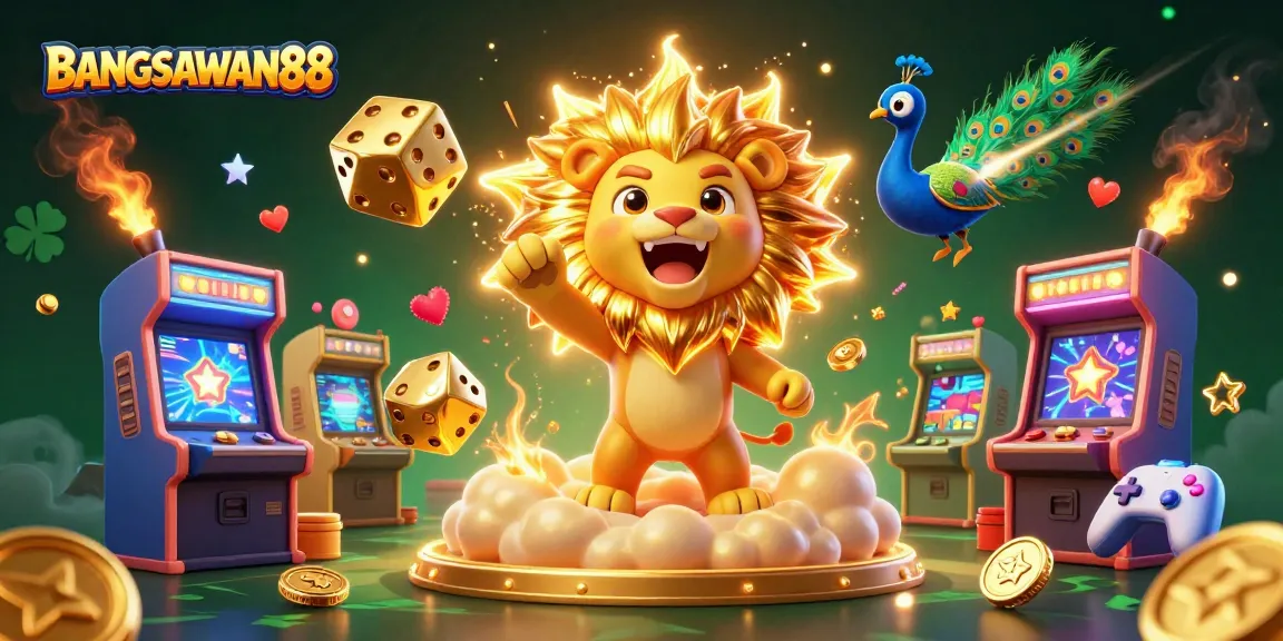 BANGSAWAN88 illustrates an exciting scene with a roaring sun lion, golden dice, and vibrant game elements, invoking thrilling casino adventures.