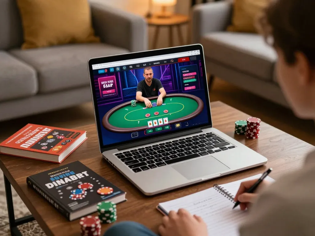 Engaging online gaming moment at uu88.com with player strategizing during a poker game on a laptop
