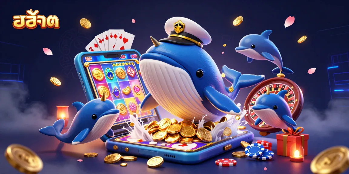 Experience the thrill of สล็อต with a majestic whale, narwhal, and playful dolphins surrounded by vibrant casino elements.