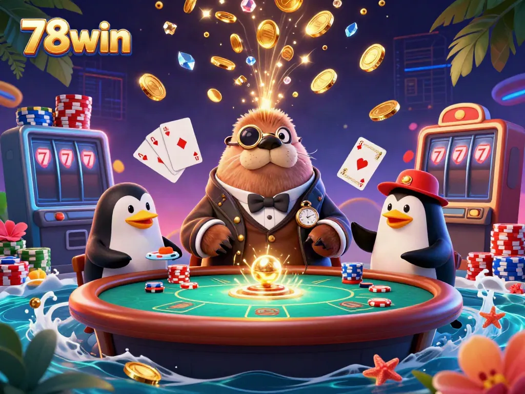 Experience the thrill of 78win in a vibrant underwater poker scene with dynamic characters and elements.