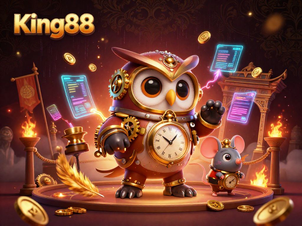 Engaging scene of King88 with a time-traveling owl and casino elements, showcasing thrilling action.