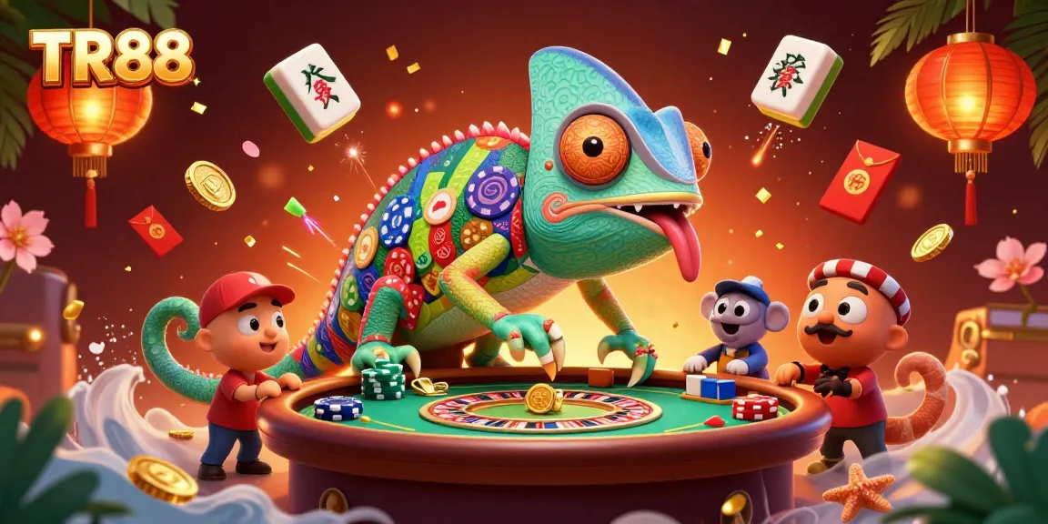 Engage with TR88 as the chameleon casino owner captures coins in a vibrant gambling scene.