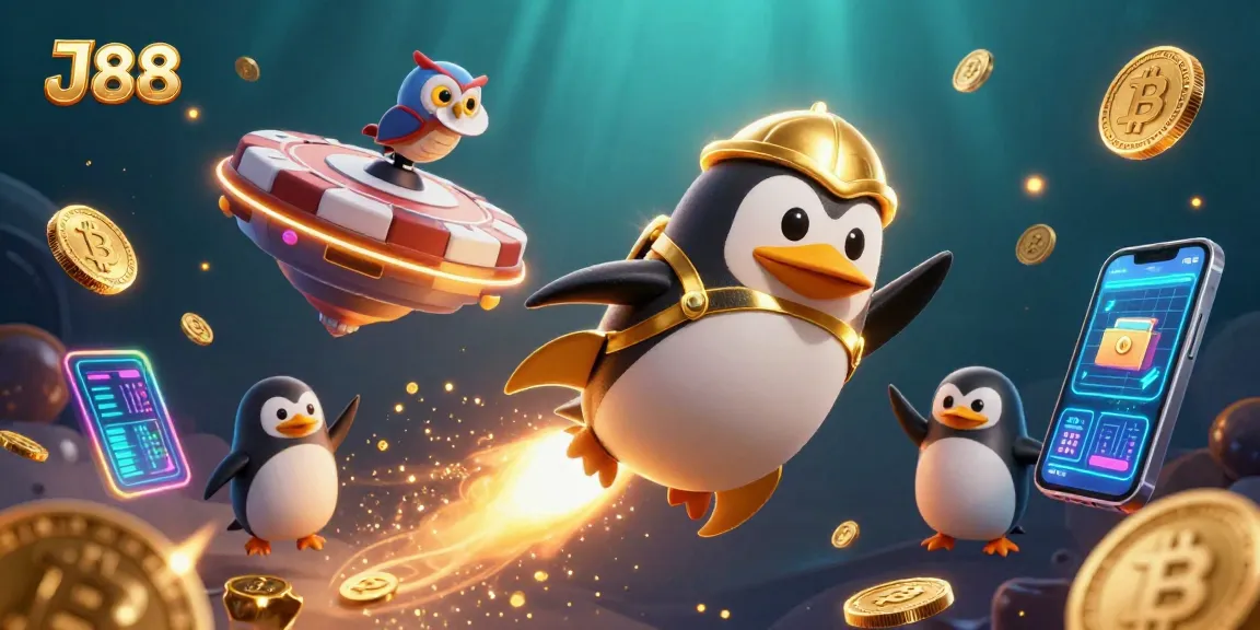 Enjoy J88's thrilling gambling adventure with a golden penguin racing through a cosmic casino.