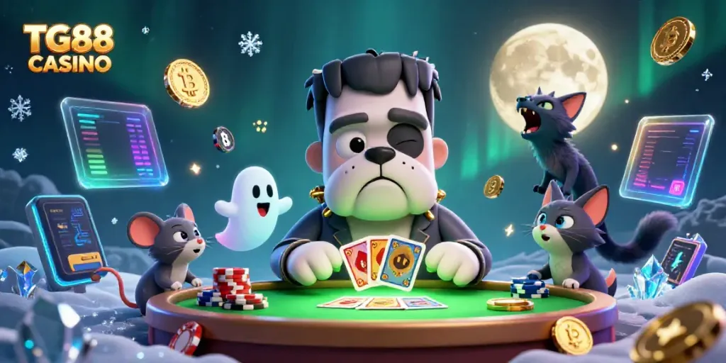 Join the excitement at TG88 CASINO with a festive 3D scene featuring unique characters and vibrant gambling elements.