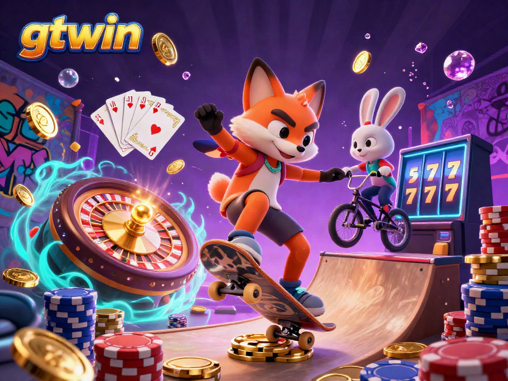 Experience the excitement of gtwin with vivid characters and dynamic casino elements flying around a colorful scene.