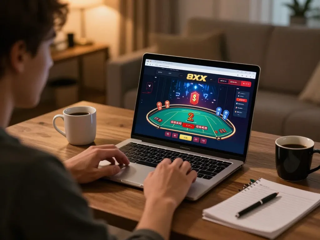 Player engaging in 8XX online casino on laptop with strategic notes in cozy home environment.