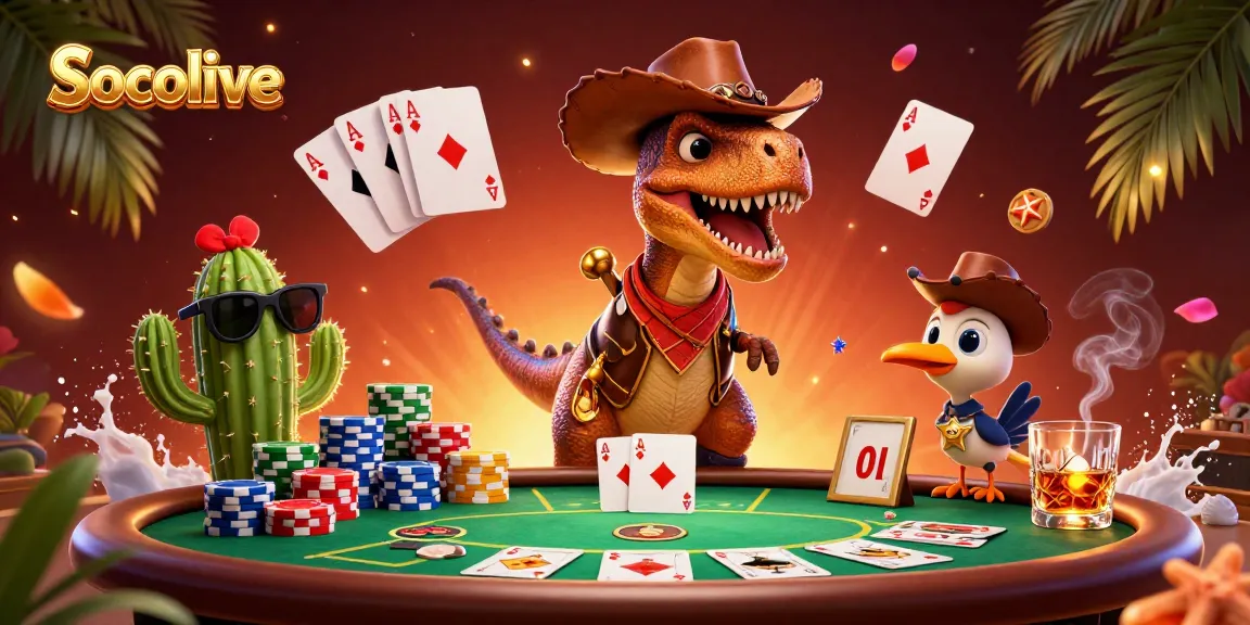 Socolive showcases a vibrant 3D scene of a dinosaur and friends at a poker table, enhancing gameplay experience.