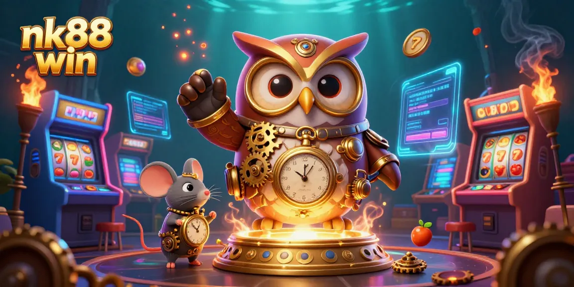 Experience the excitement of nk88 win with a vibrant casino scene featuring an owl and a clockwork mouse.