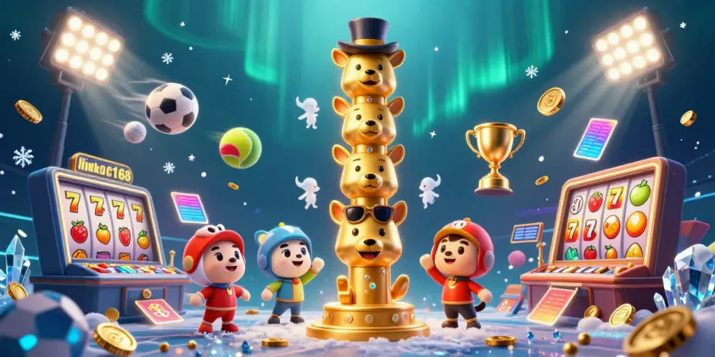 Experience the excitement of link dự phòng c168 with vibrant casino elements and dynamic 3D totem characters in this immersive illustration.