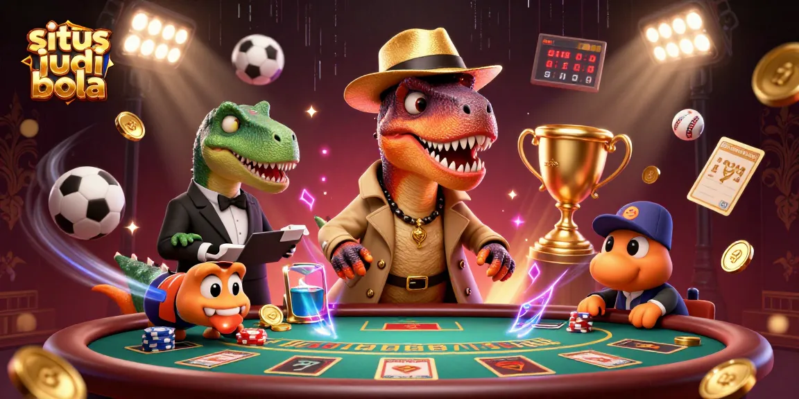Menggulingkan situs judi bola dengan velociraptor di meja blackjack, menandakan aksi dan keseruan taruhan.