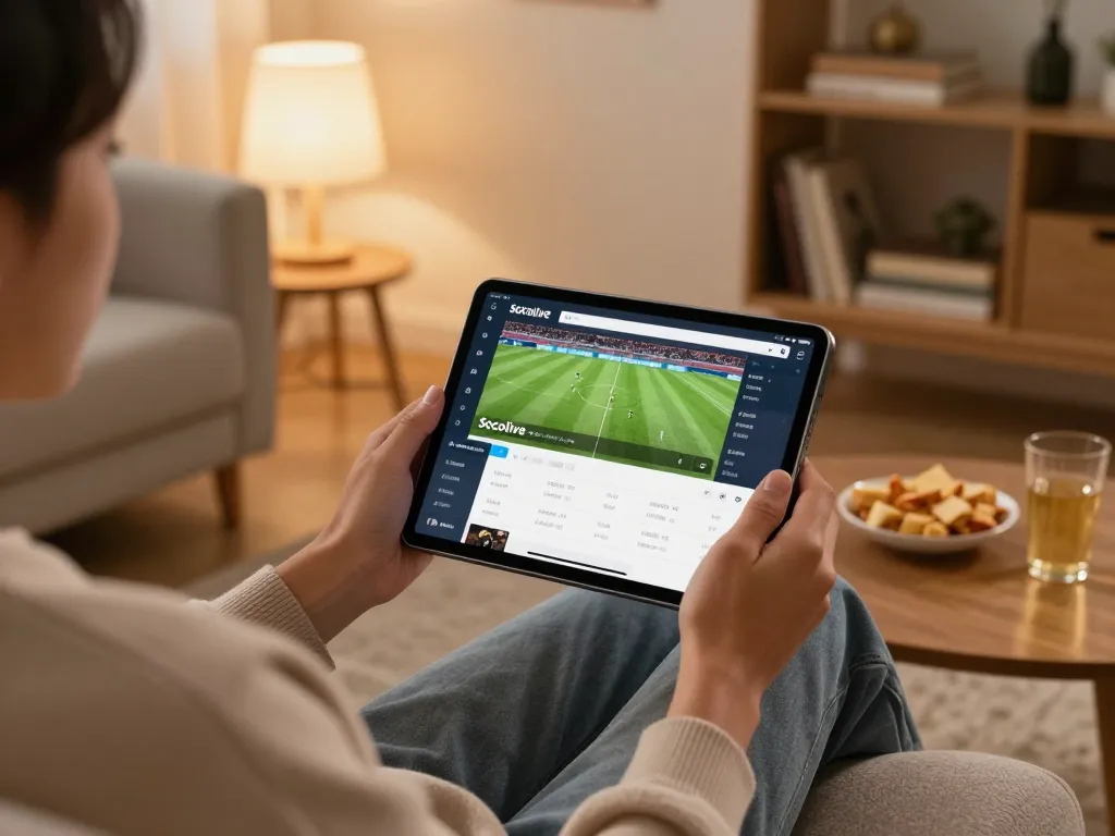 Socolive user engaging with a live football match on a tablet in a cozy home setting, promoting responsible gaming.