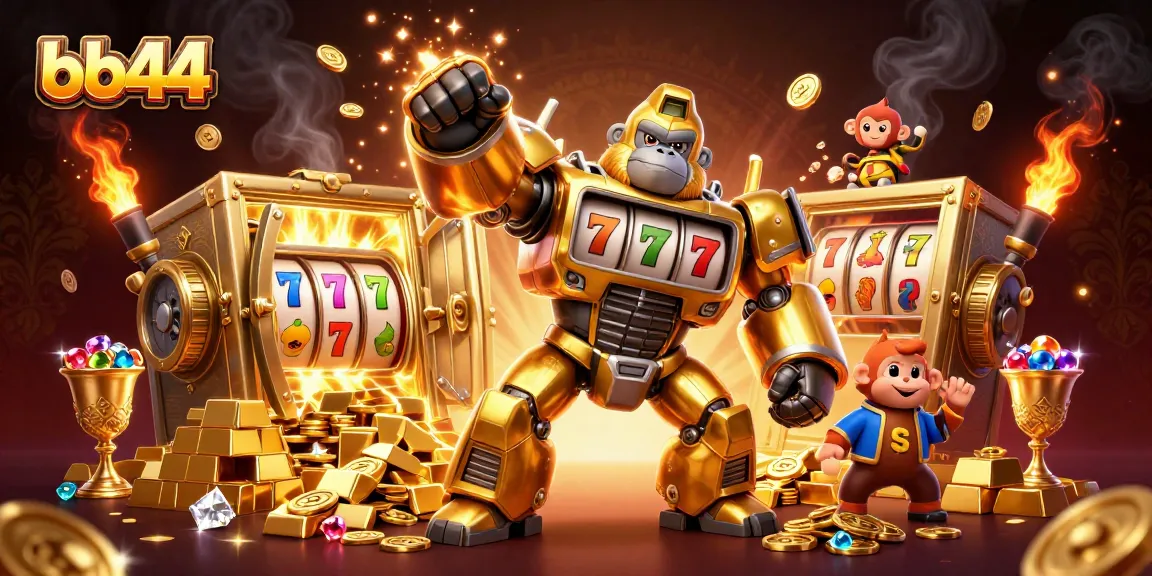 Experience excitement with bb44 as a golden gorilla mech bursts with coins amidst vibrant slot elements.