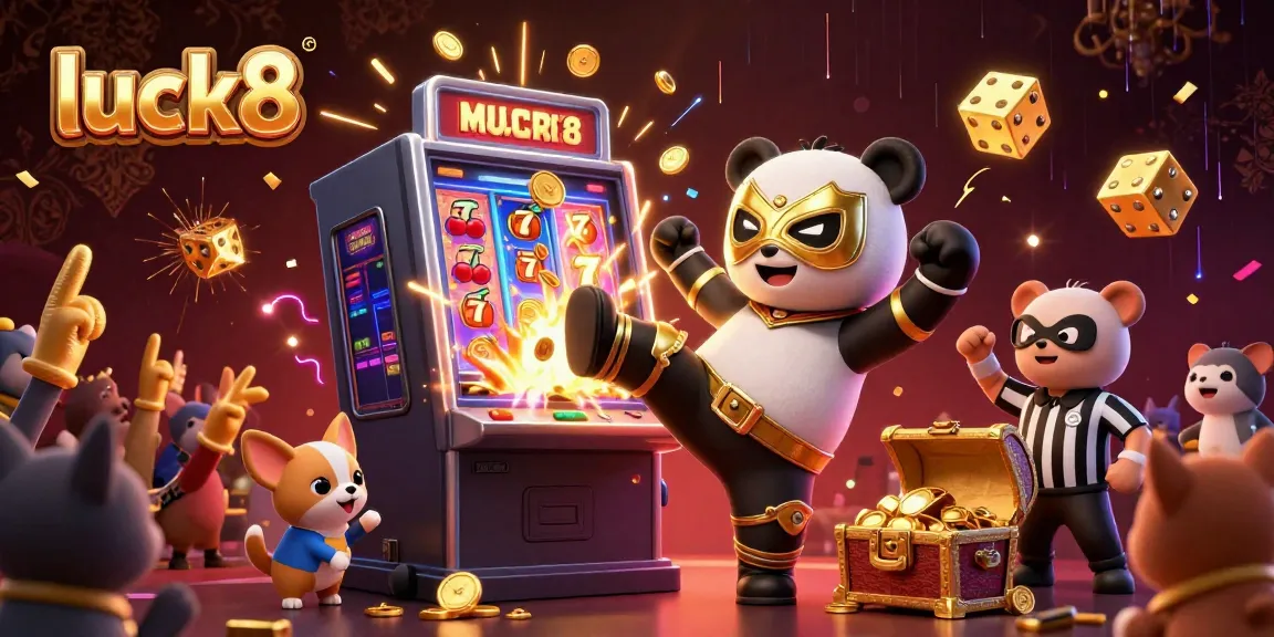 Experience luck8's excitement with a colorful slot machine and animated characters in a lively casino scene.