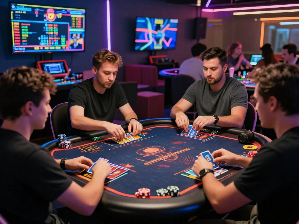 Exciting crypto casino atmosphere with players engaged in digital gaming at lively tables, showcasing modern gambling experience.