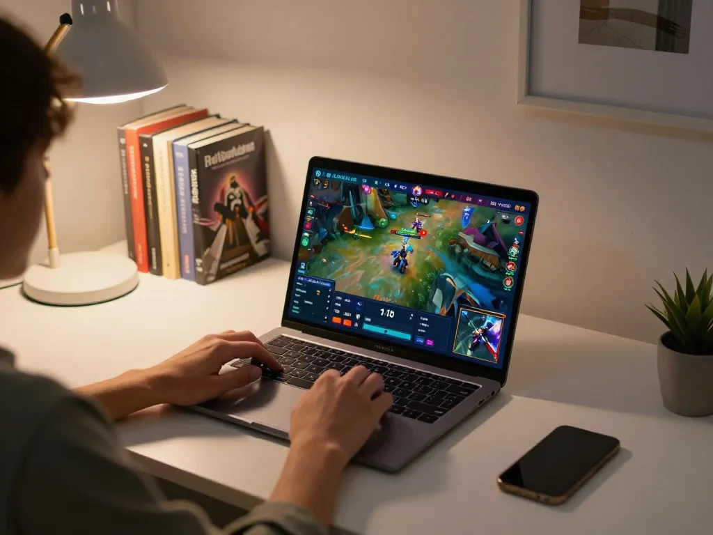 xocdiaonline player enjoying immersive gameplay on a laptop at home desk with warm lighting.