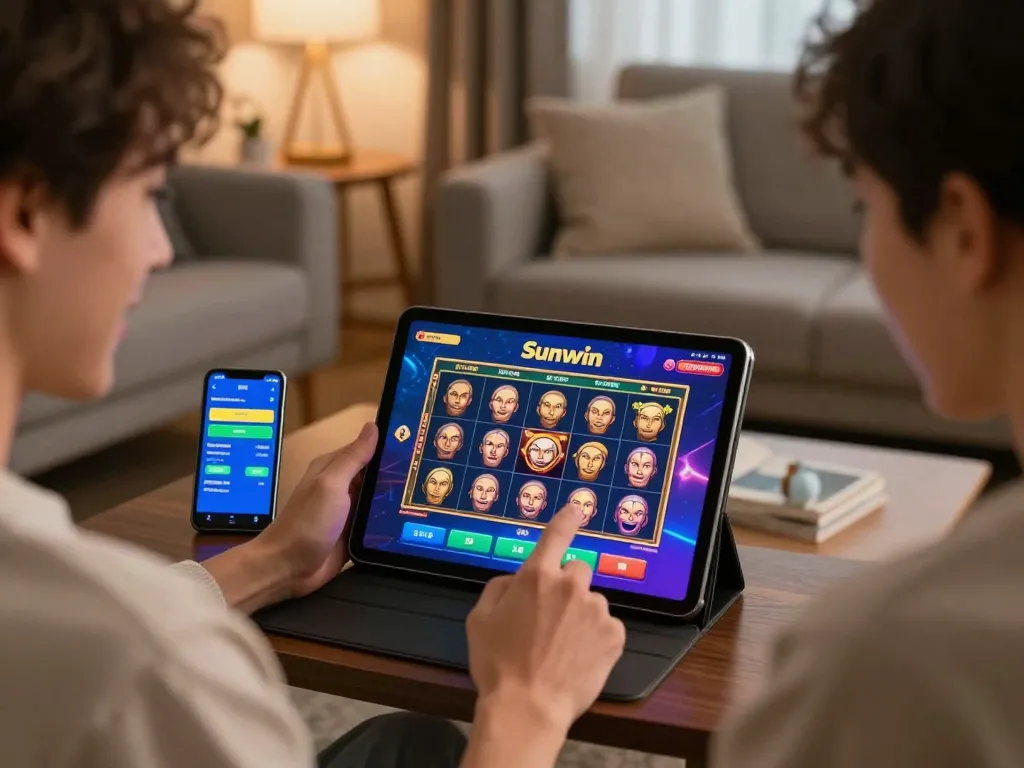 Engaging in Sunwin online gameplay on a tablet in a cozy home setting for fun
