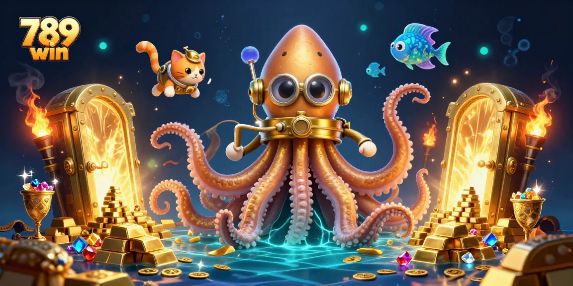 Experience 789 win through a vibrant 3D illustration featuring a kraken and treasure.