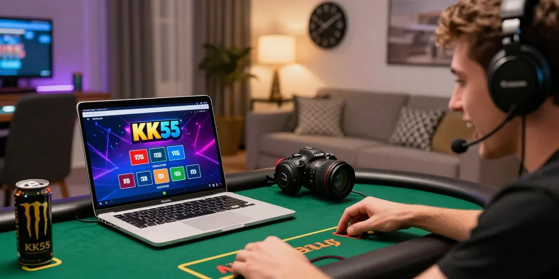 Player excitedly gaming on KK55 platform with vibrant graphics in stylish home.