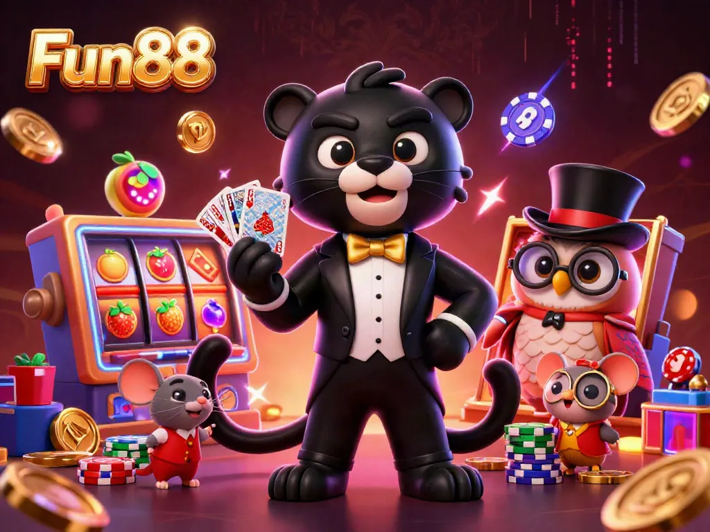 Experience thrilling Fun88 casino action with a stylish panther dealer, dazzling lights, and vibrant slot reels.