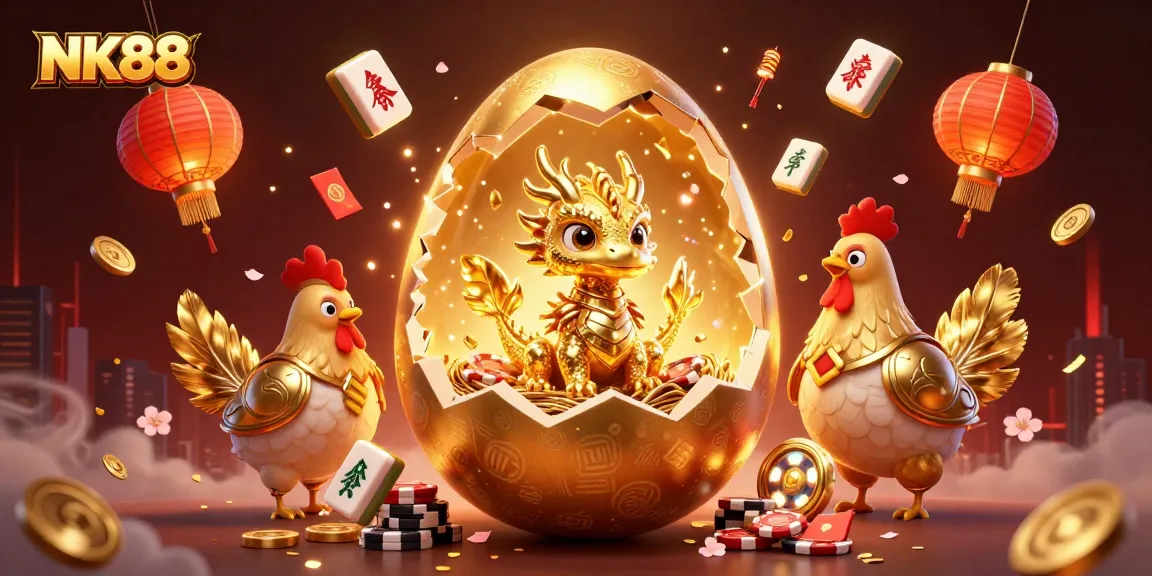 Spin the reels with NK88 in this vibrant scene showcasing a golden dragon atop poker chips.