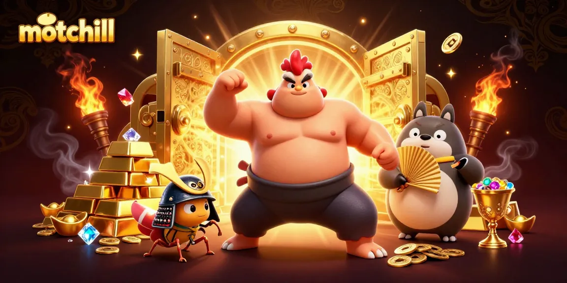 Experience thrilling motchill moments with vibrant 3D casino scene of a sumo rooster, fighting cricket, and announcer.